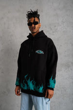 Erkek 3 İplik Pamuklu Alev Baskılı Kapüşonlu hoodie Sweatshirt - Siyah
