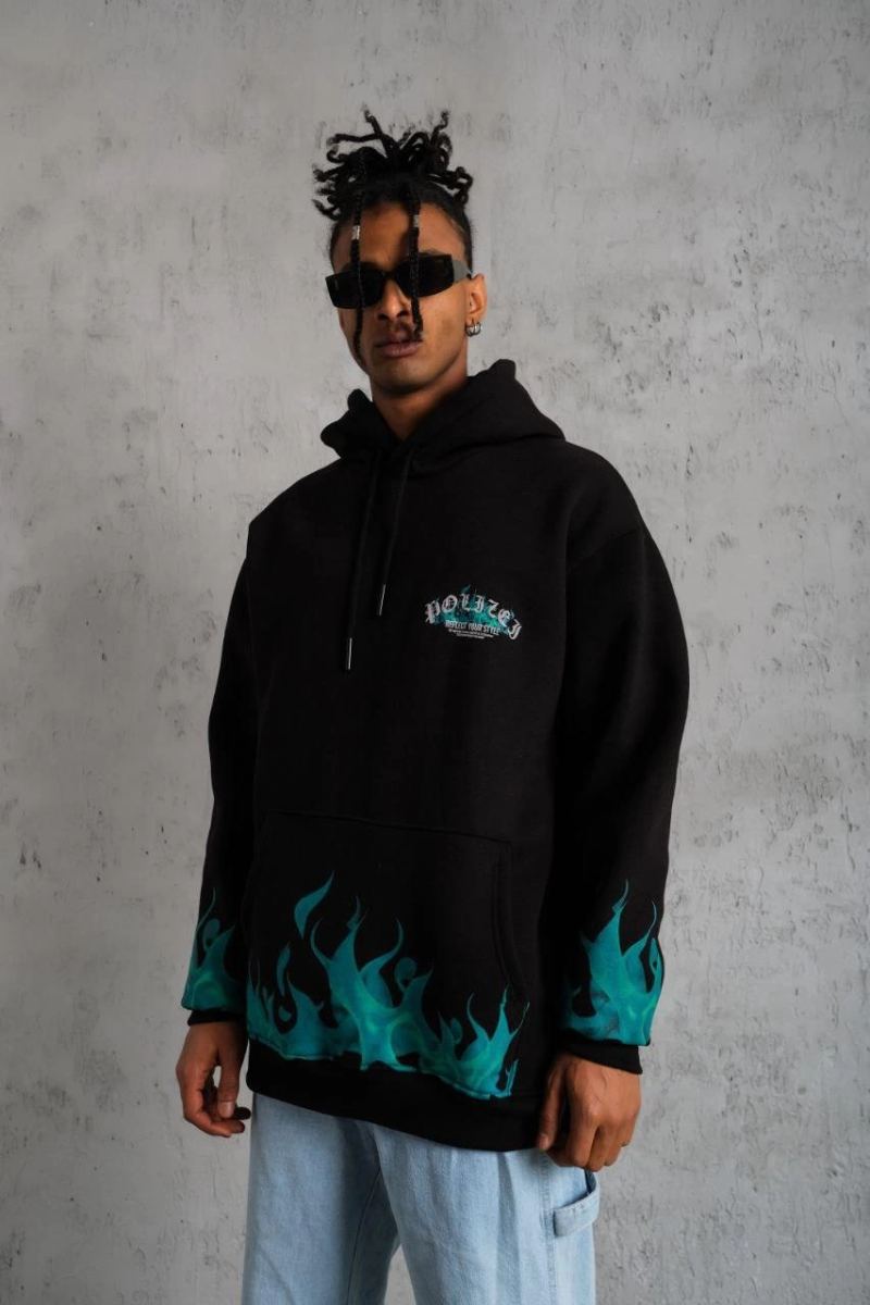 Erkek 3 İplik Pamuklu Alev Baskılı Kapüşonlu hoodie Sweatshirt - Siyah