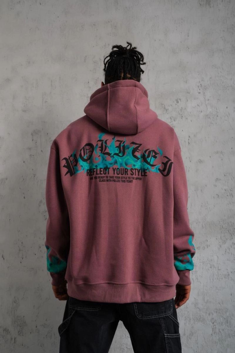 Erkek 3 İplik içi Pamuklu Alev Baskılı Kapüşonlu hoodie Sweatshirt - Gül Kurusu