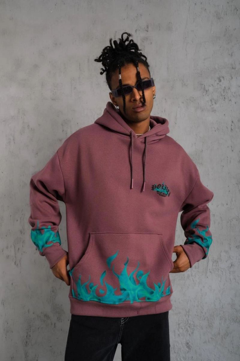 Erkek 3 İplik içi Pamuklu Alev Baskılı Kapüşonlu hoodie Sweatshirt - Gül Kurusu