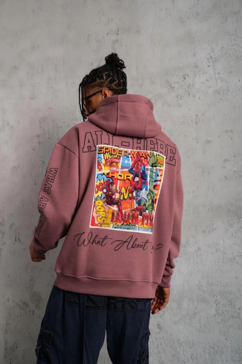 Erkek 3 İplik Pamuklu Kapüşonlu Baskılı Cepli Sweatshirt Hoodie - Gül Kurusu