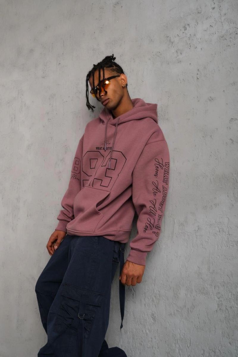 Erkek 3 İplik Pamuklu Kapüşonlu Baskılı Cepli Sweatshirt Hoodie - Gül Kurusu