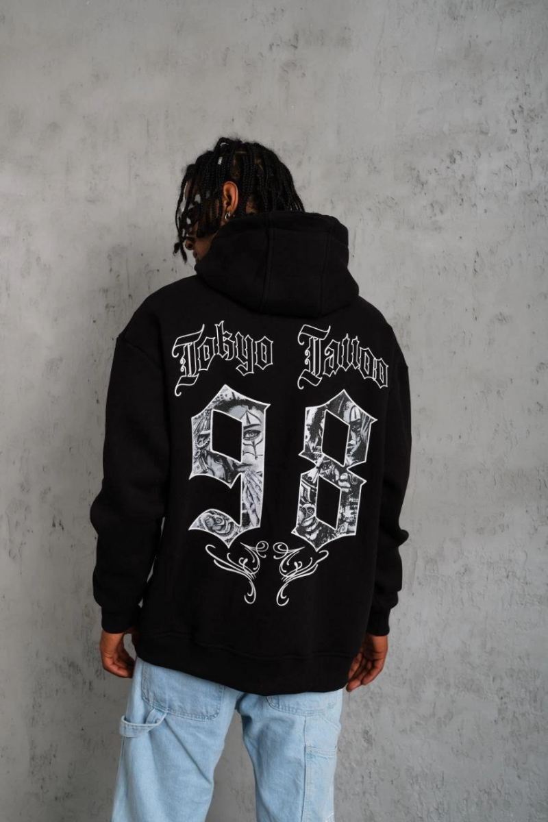 Erkek 98 Baskılı Kapüşonlu 3 iplik pamuklu hoodie Sweatshirt - Siyah