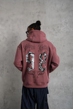 Erkek 3 İplik Pamuklu Kapüşonlu Baskılı Cepli Sweatshirt Hoodie - Gül Kurusu