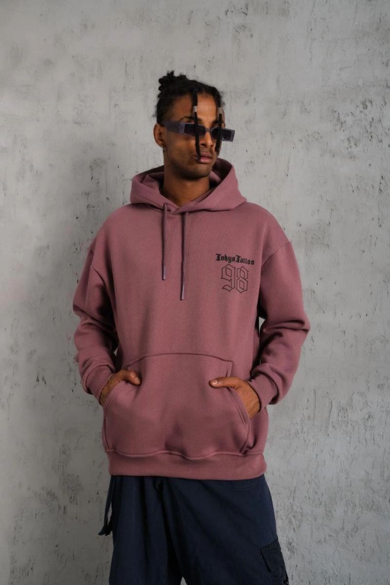 Erkek 3 İplik Pamuklu Kapüşonlu Baskılı Cepli Sweatshirt Hoodie - Gül Kurusu