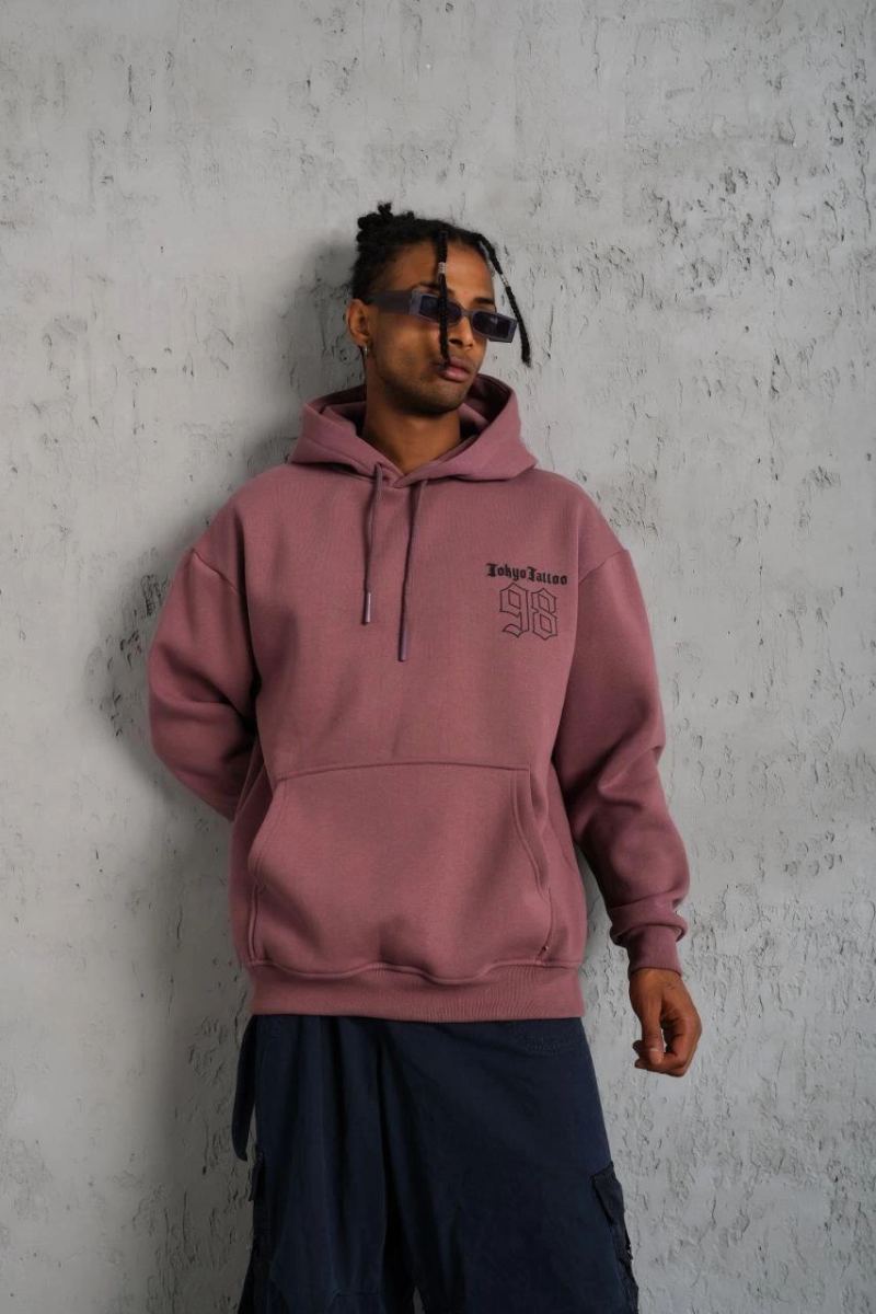 Erkek 3 İplik Pamuklu Kapüşonlu Baskılı Cepli Sweatshirt Hoodie - Gül Kurusu