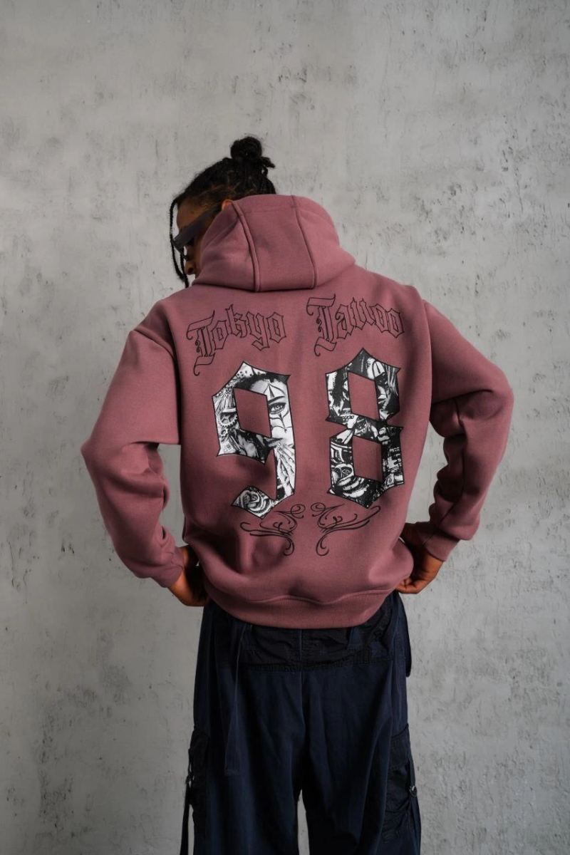 Erkek 3 İplik Pamuklu Kapüşonlu Baskılı Cepli Sweatshirt Hoodie - Gül Kurusu