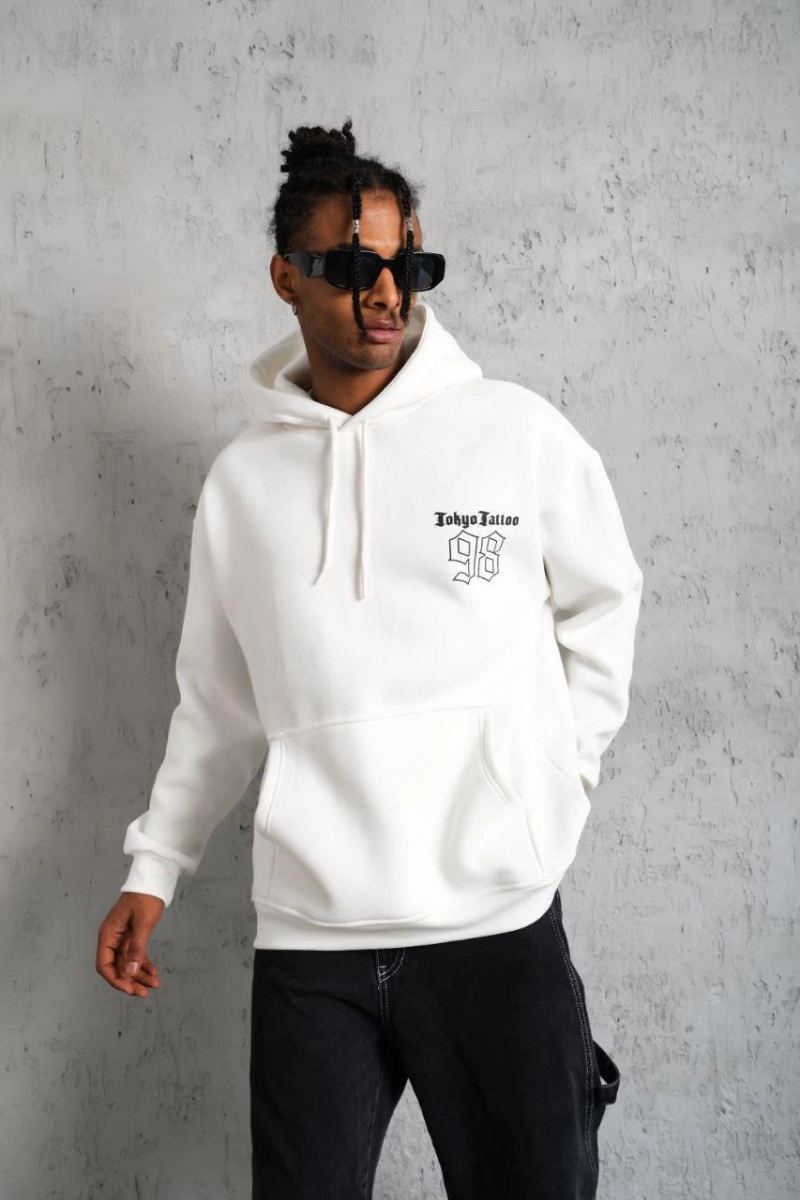 Erkek 98 Baskılı Kapşonlu 3 iplik pamuklu Sweatshirt hoodie - Beyaz