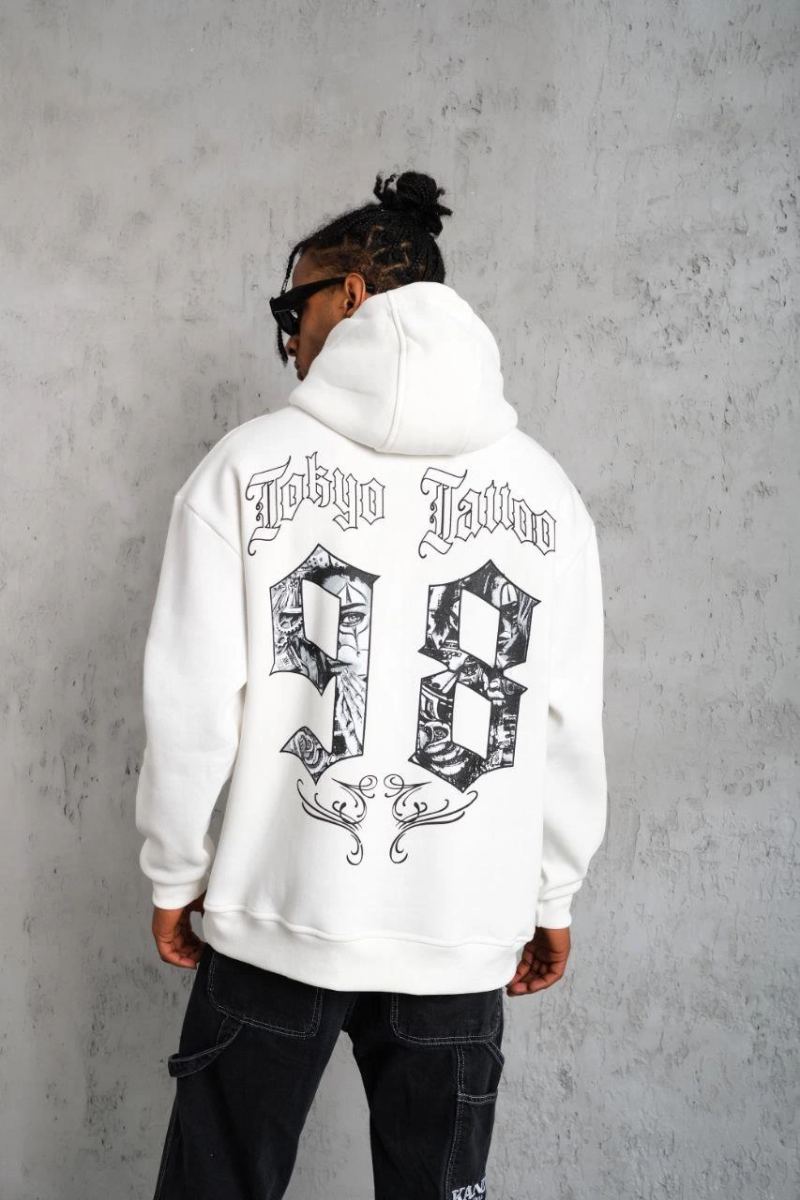 Erkek 98 Baskılı Kapşonlu 3 iplik pamuklu Sweatshirt hoodie - Beyaz