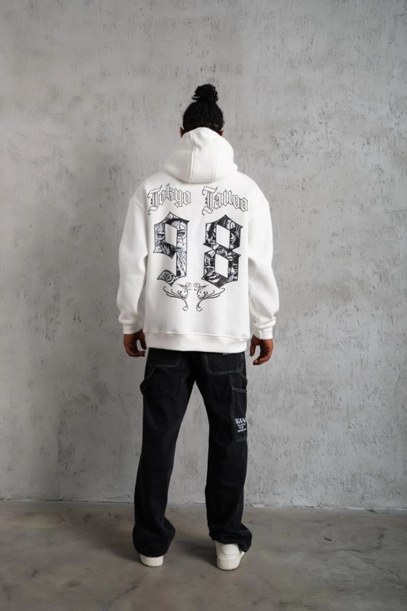 Erkek 98 Baskılı Kapşonlu 3 iplik pamuklu Sweatshirt hoodie - Beyaz