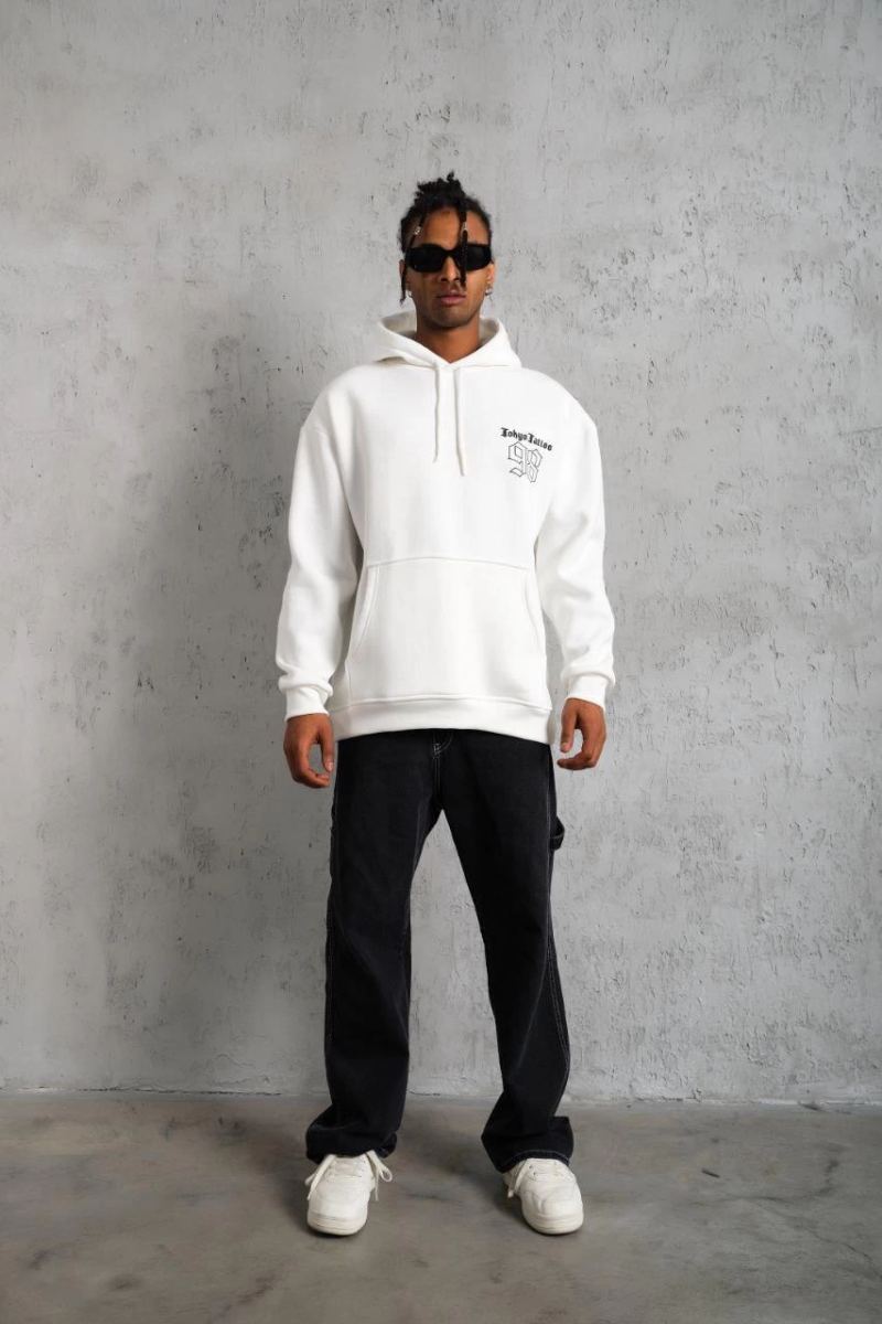 Erkek 98 Baskılı Kapşonlu 3 iplik pamuklu Sweatshirt hoodie - Beyaz