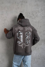 Erkek 3 İplik Pamuklu Kapüşonlu Baskılı Cepli Oversize Sweatshirt Hoodie - Gri