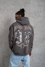 Erkek 3 İplik Pamuklu Kapüşonlu Baskılı Cepli Oversize Sweatshirt Hoodie - Gri