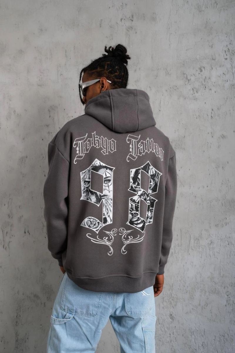 Erkek 3 İplik Pamuklu Kapüşonlu Baskılı Cepli Oversize Sweatshirt Hoodie - Gri