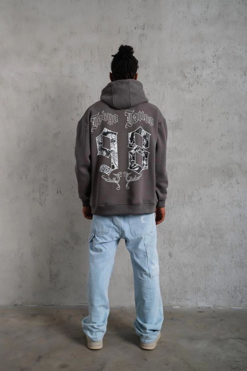 Erkek 3 İplik Pamuklu Kapüşonlu Baskılı Cepli Oversize Sweatshirt Hoodie - Gri