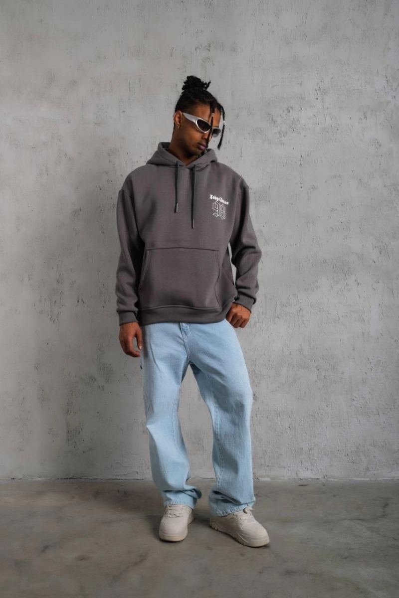 Erkek 3 İplik Pamuklu Kapüşonlu Baskılı Cepli Oversize Sweatshirt Hoodie - Gri