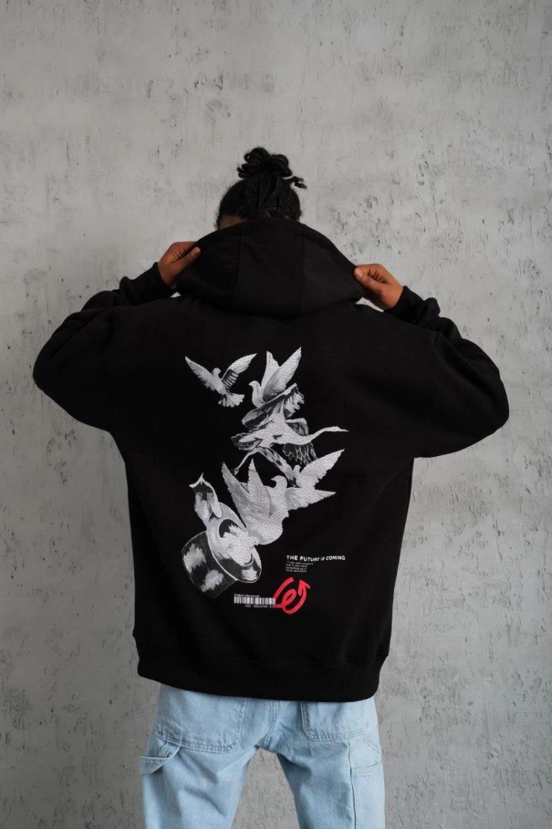 Erkek 3 İplik Pamuklu Kapüşonlu Baskılı Cepli Oversize Sweatshirt Hoodie - Siyah