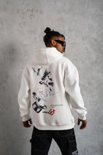 Erkek 3 İplik Pamuklu Kapüşonlu Baskılı Cepli Oversize Sweatshirt Hoodie - Beyaz
