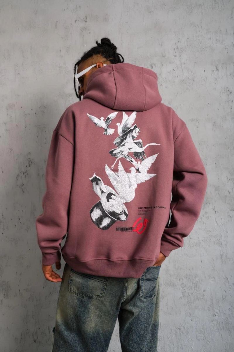 Erkek 3 İplik Pamuklu Kapüşonlu Baskılı Cepli Oversize Sweatshirt Hoodie - Gül Kurusu