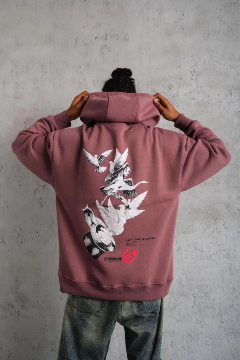 Erkek 3 İplik Pamuklu Kapüşonlu Baskılı Cepli Oversize Sweatshirt Hoodie - Gül Kurusu
