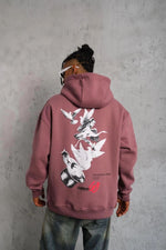 Erkek 3 İplik Pamuklu Kapüşonlu Baskılı Cepli Oversize Sweatshirt Hoodie - Gül Kurusu