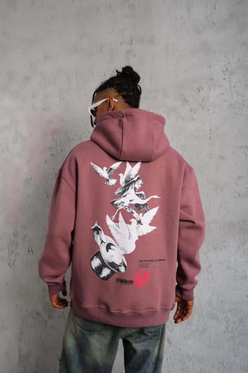 Erkek 3 İplik Pamuklu Kapüşonlu Baskılı Cepli Oversize Sweatshirt Hoodie - Gül Kurusu
