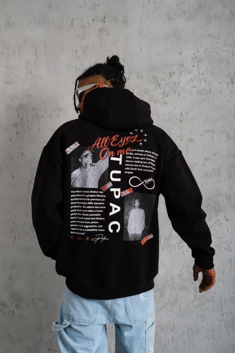 Erkek 3 İplik Pamuklu Kapüşonlu Baskılı Cepli Oversize Sweatshirt Hoodie - Siyah