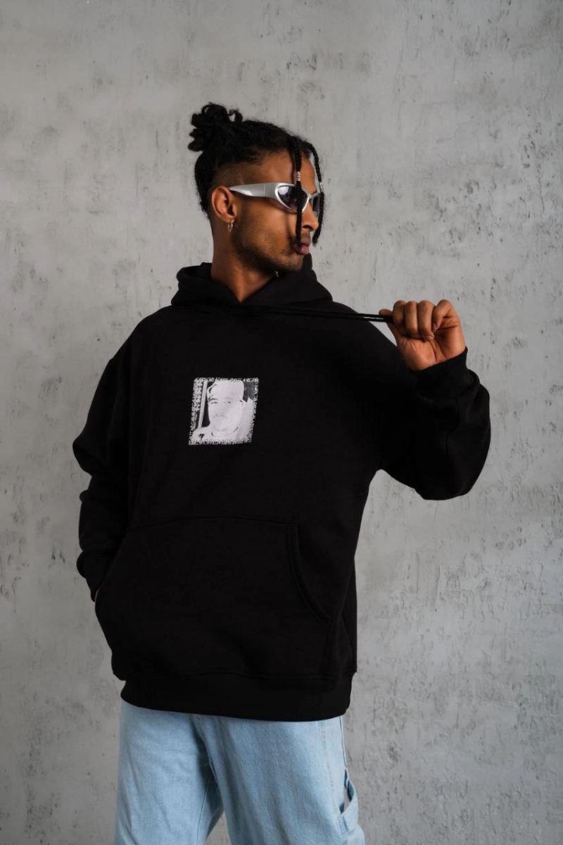 Erkek 3 İplik Pamuklu Kapüşonlu Baskılı Cepli Oversize Sweatshirt Hoodie - Siyah