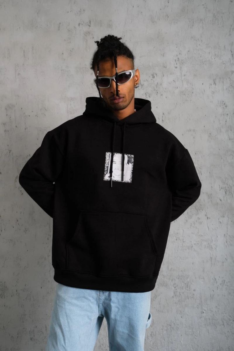 Erkek 3 İplik Pamuklu Kapüşonlu Baskılı Cepli Oversize Sweatshirt Hoodie - Siyah