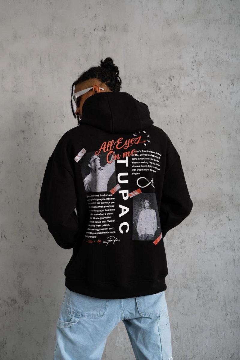 Erkek 3 İplik Pamuklu Kapüşonlu Baskılı Cepli Oversize Sweatshirt Hoodie - Siyah