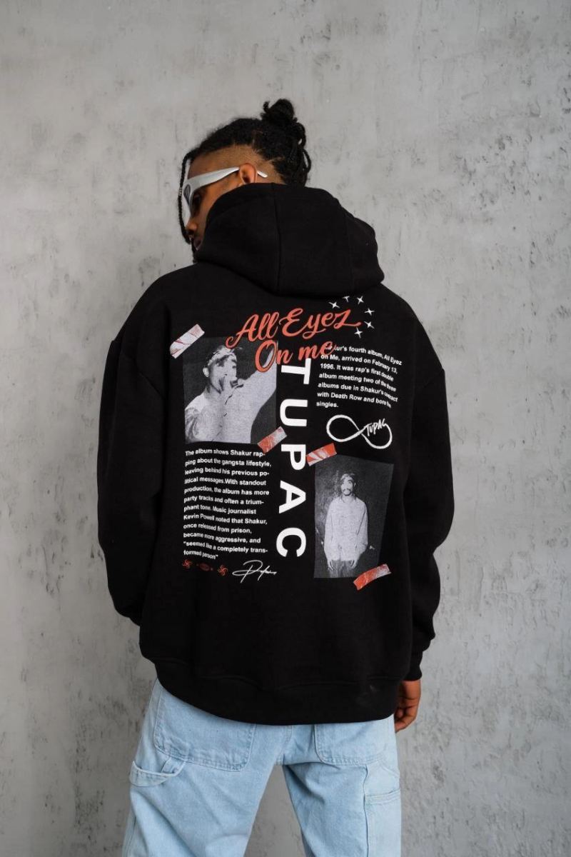 Erkek 3 İplik Pamuklu Kapüşonlu Baskılı Cepli Oversize Sweatshirt Hoodie - Siyah