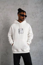 Erkek 3 İplik Pamuklu Kapüşonlu Baskılı Cepli Oversize Sweatshirt Hoodie - Beyaz