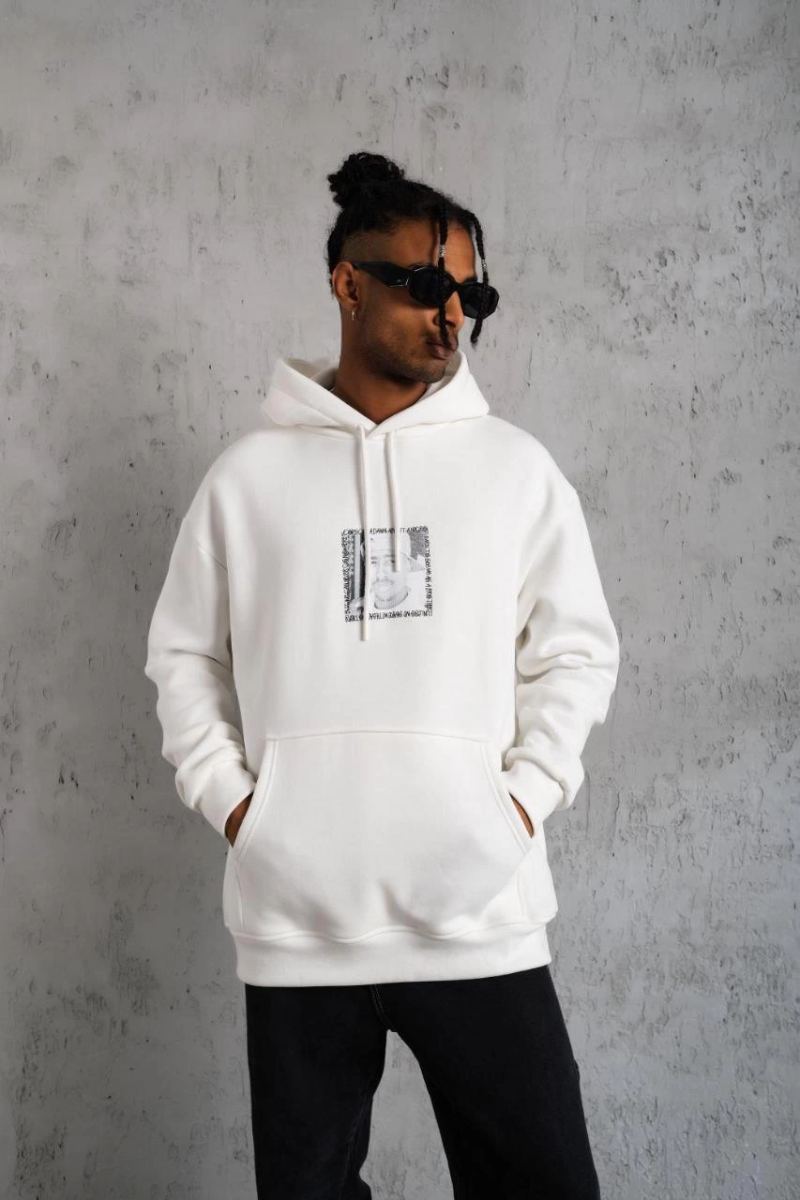Erkek 3 İplik Pamuklu Kapüşonlu Baskılı Cepli Oversize Sweatshirt Hoodie - Beyaz