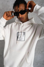 Erkek 3 İplik Pamuklu Kapüşonlu Baskılı Cepli Oversize Sweatshirt Hoodie - Beyaz