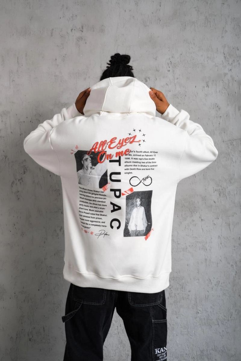 Erkek 3 İplik Pamuklu Kapüşonlu Baskılı Cepli Oversize Sweatshirt Hoodie - Beyaz