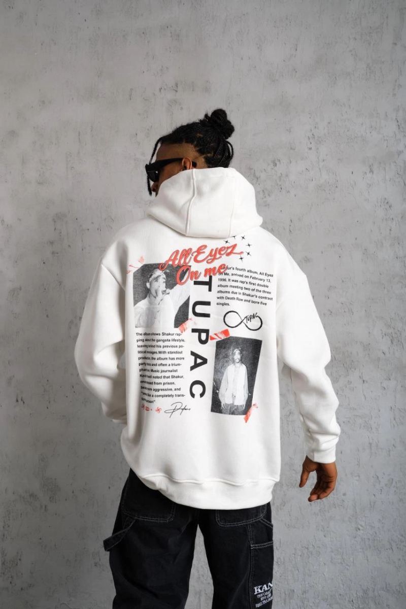 Erkek 3 İplik Pamuklu Kapüşonlu Baskılı Cepli Oversize Sweatshirt Hoodie - Beyaz