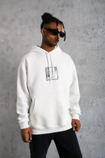 Erkek 3 İplik Pamuklu Kapüşonlu Baskılı Cepli Oversize Sweatshirt Hoodie - Beyaz