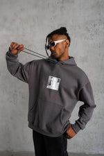 Erkek 3 İplik Pamuklu Kapüşonlu Baskılı Cepli Oversize Sweatshirt Hoodie - Gri
