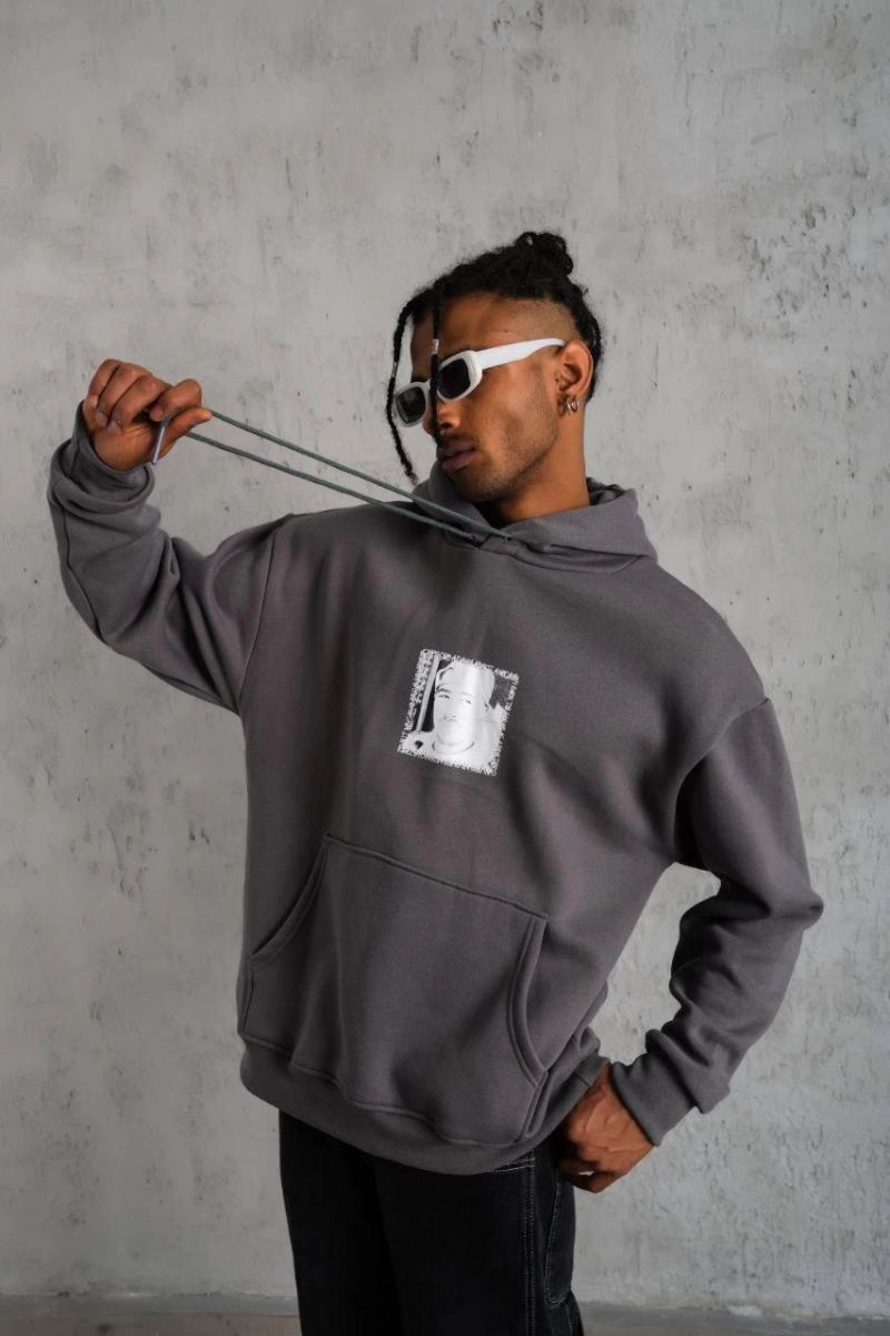 Erkek 3 İplik Pamuklu Kapüşonlu Baskılı Cepli Oversize Sweatshirt Hoodie - Gri