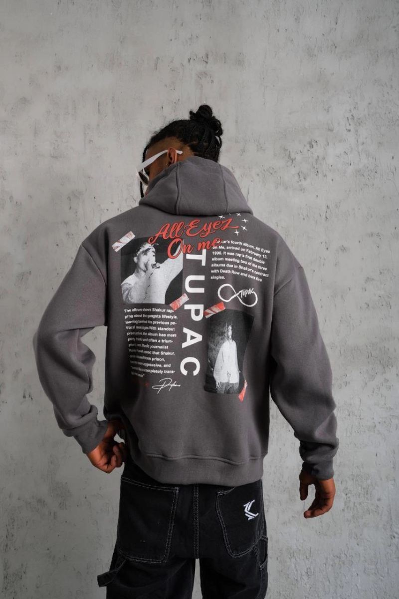 Erkek 3 İplik Pamuklu Kapüşonlu Baskılı Cepli Oversize Sweatshirt Hoodie - Gri