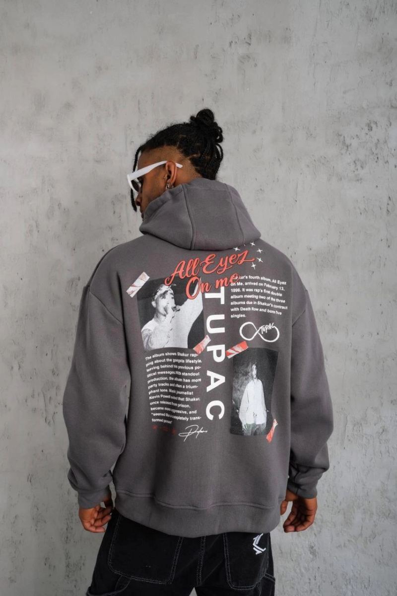 Erkek 3 İplik Pamuklu Kapüşonlu Baskılı Cepli Oversize Sweatshirt Hoodie - Gri