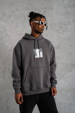 Erkek 3 İplik Pamuklu Kapüşonlu Baskılı Cepli Oversize Sweatshirt Hoodie - Gri