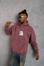 Erkek 3 İplik Pamuklu Kapüşonlu Baskılı Cepli Sweatshirt Hoodie - Gül Kurusu
