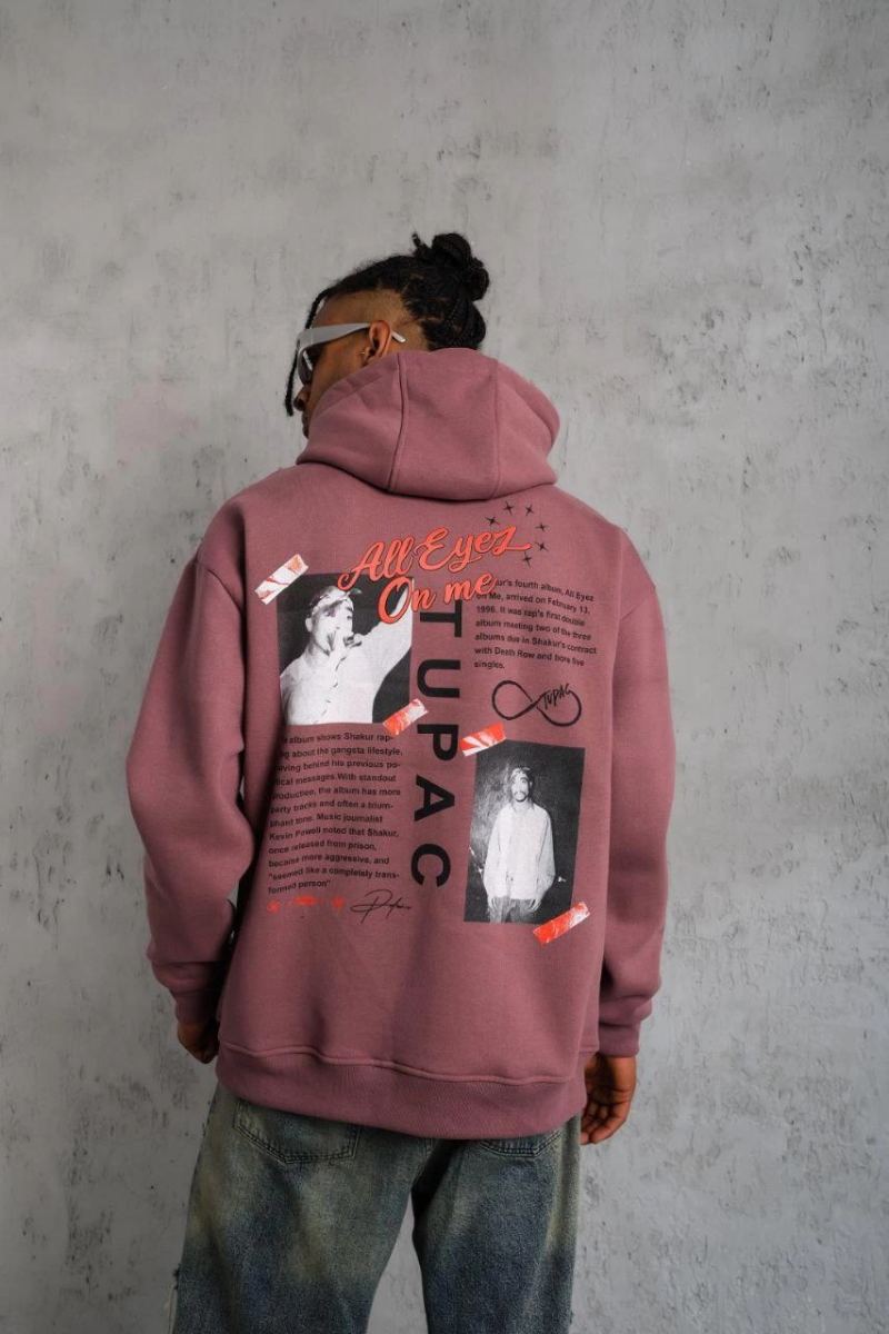 Erkek 3 İplik Pamuklu Kapüşonlu Baskılı Cepli Sweatshirt Hoodie - Gül Kurusu