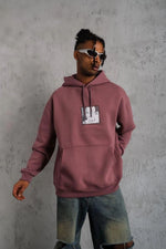 Erkek 3 İplik Pamuklu Kapüşonlu Baskılı Cepli Sweatshirt Hoodie - Gül Kurusu