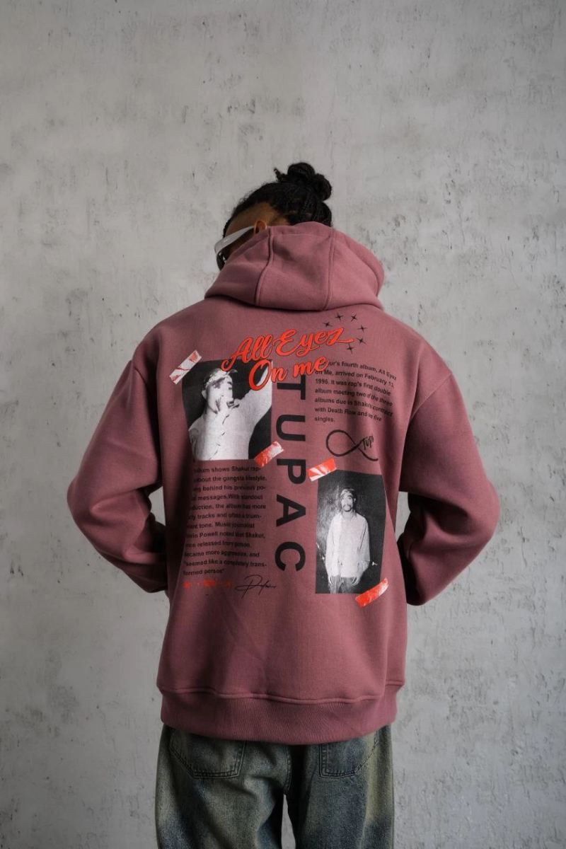 Erkek 3 İplik Pamuklu Kapüşonlu Baskılı Cepli Sweatshirt Hoodie - Gül Kurusu