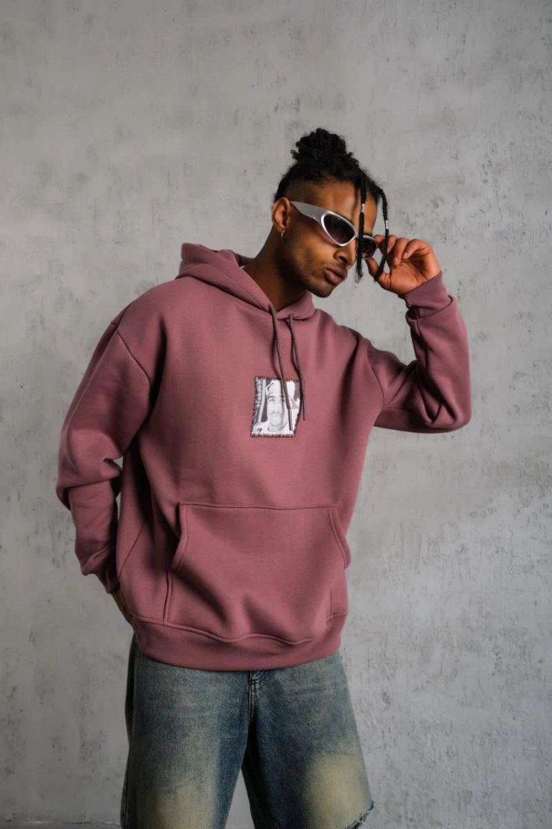 Erkek 3 İplik Pamuklu Kapüşonlu Baskılı Cepli Sweatshirt Hoodie - Gül Kurusu