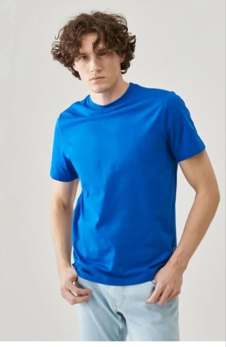 Erkek Düz Penye Tişört Bisiklet Yaka Kısa Kol Regular Fit T-Shirt - Mavi