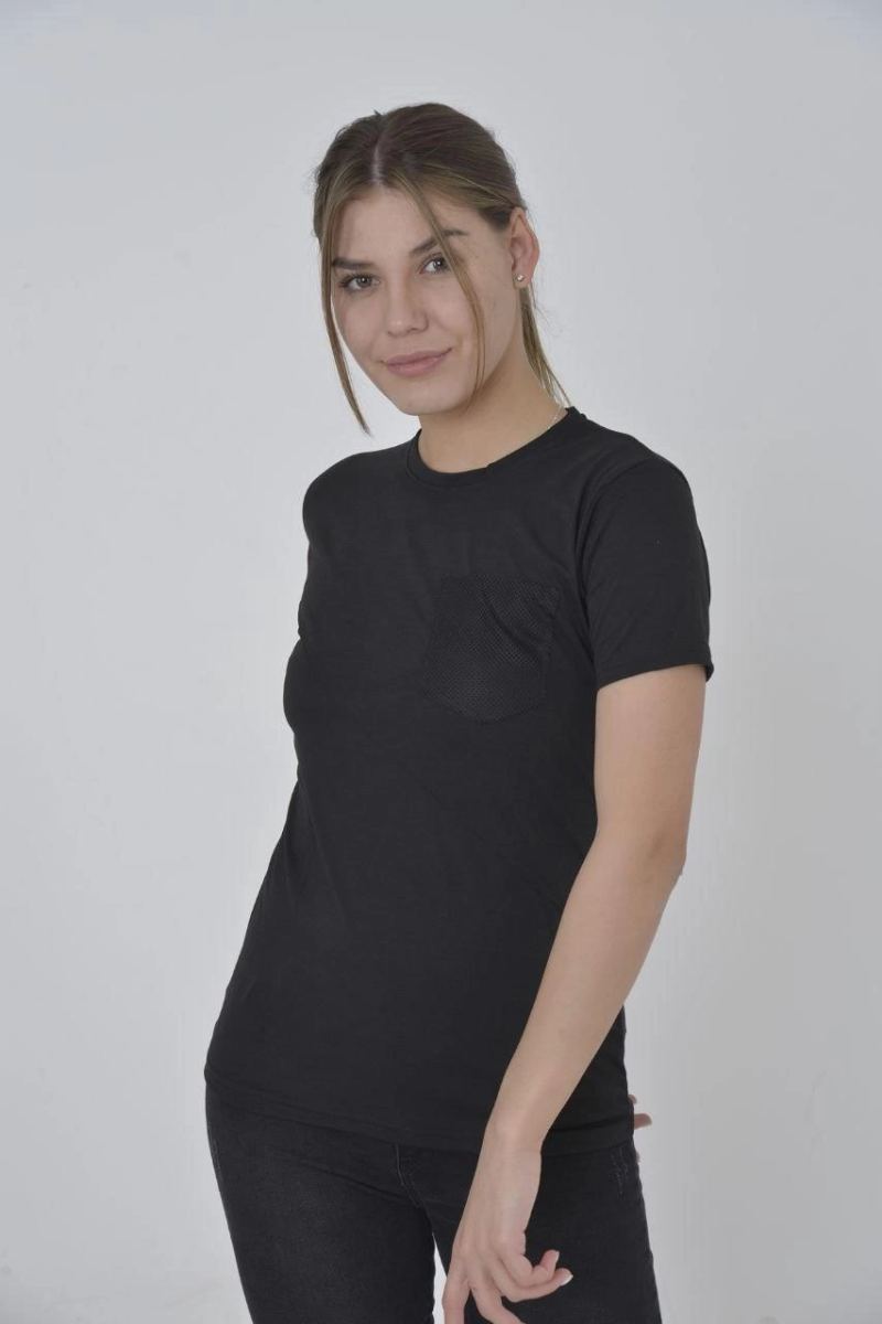 Kadın File Cepli T-Shirt Kısa Kol Bisiklet Yaka Slimfit Tişört  - Siyah