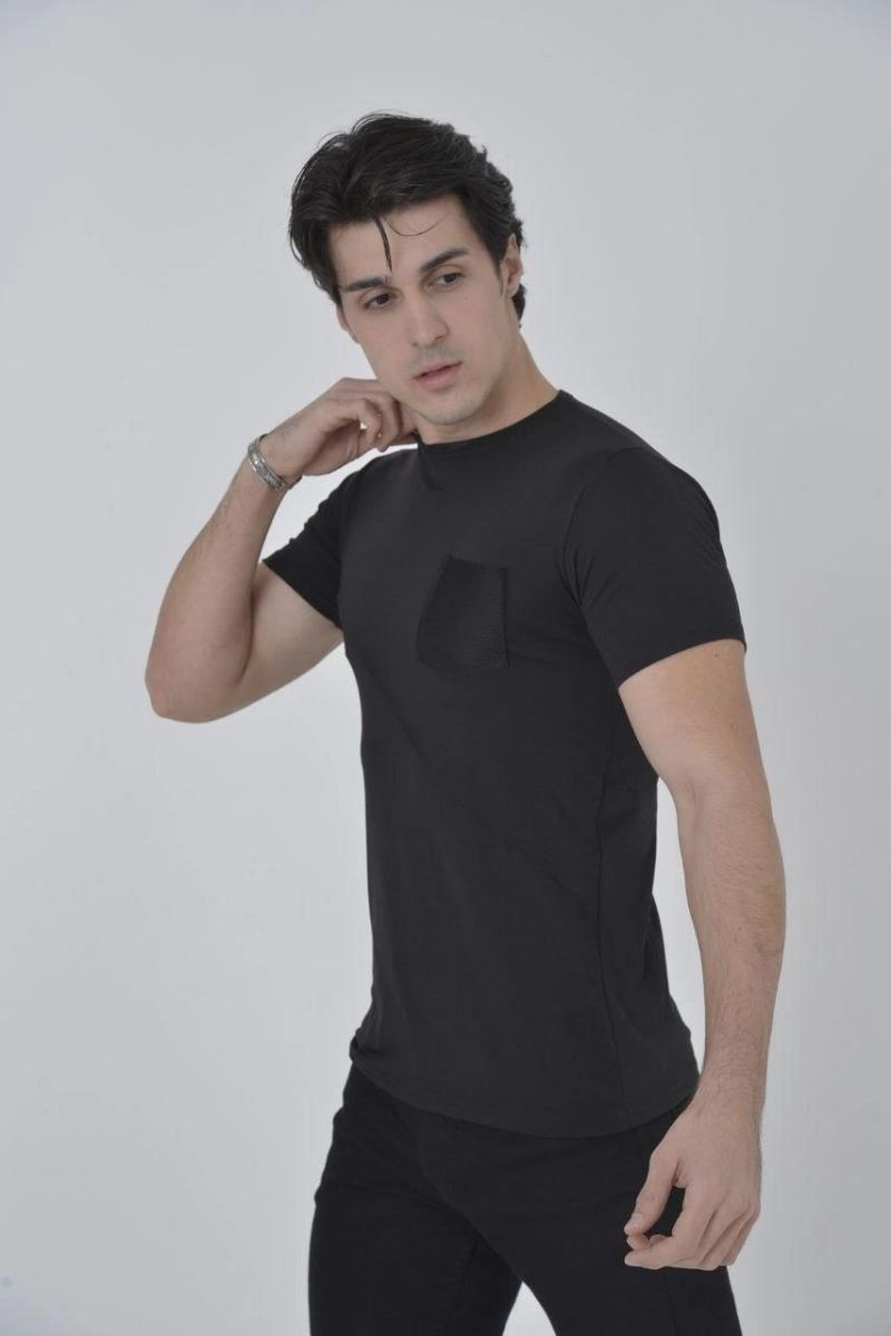 Erkek File Çepli  T-Shirt Kısa Kol Bisiklet Yaka Slimfit Tişört - Siyah
